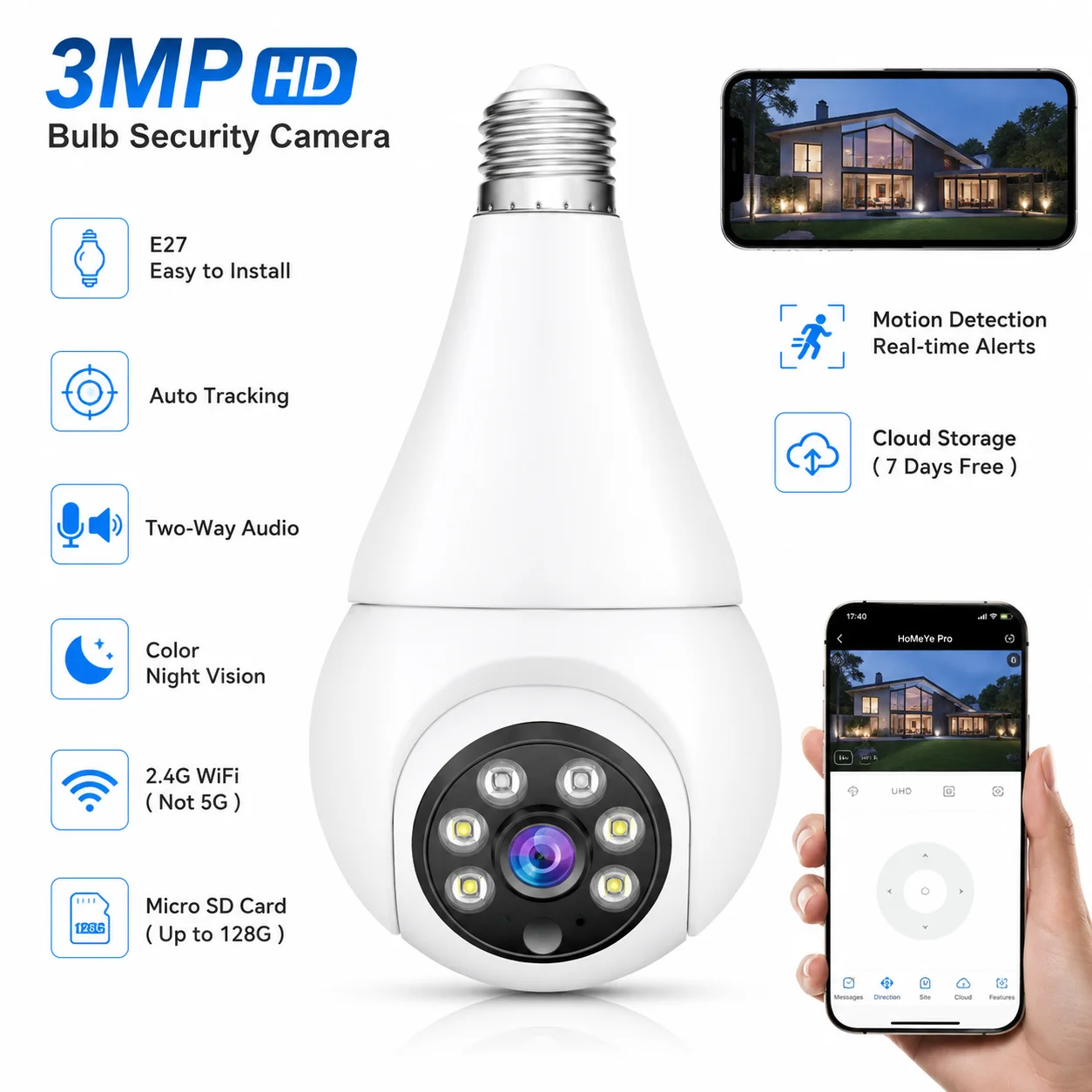 3MP Pan-Tilt WiFi Security Camera E27 Bulb Socket Two-Way Audio Night Vision Motion Detection Alarm Home Monitor