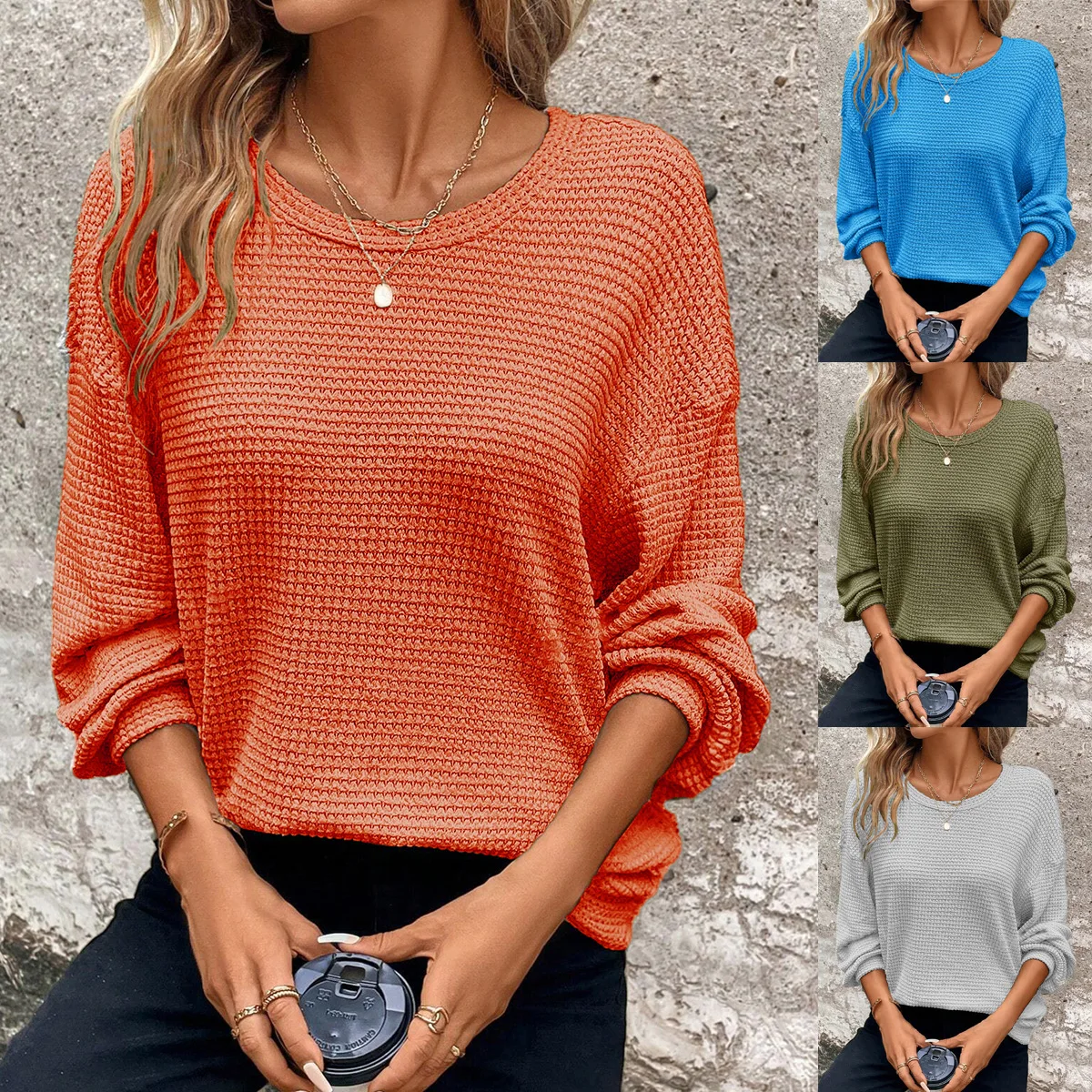 

New Women's Long-sleeved Tops Waffle O-neck T-shirt Spring Autumn Fashion Loose Pullover Female's Versatile Sweatshirt