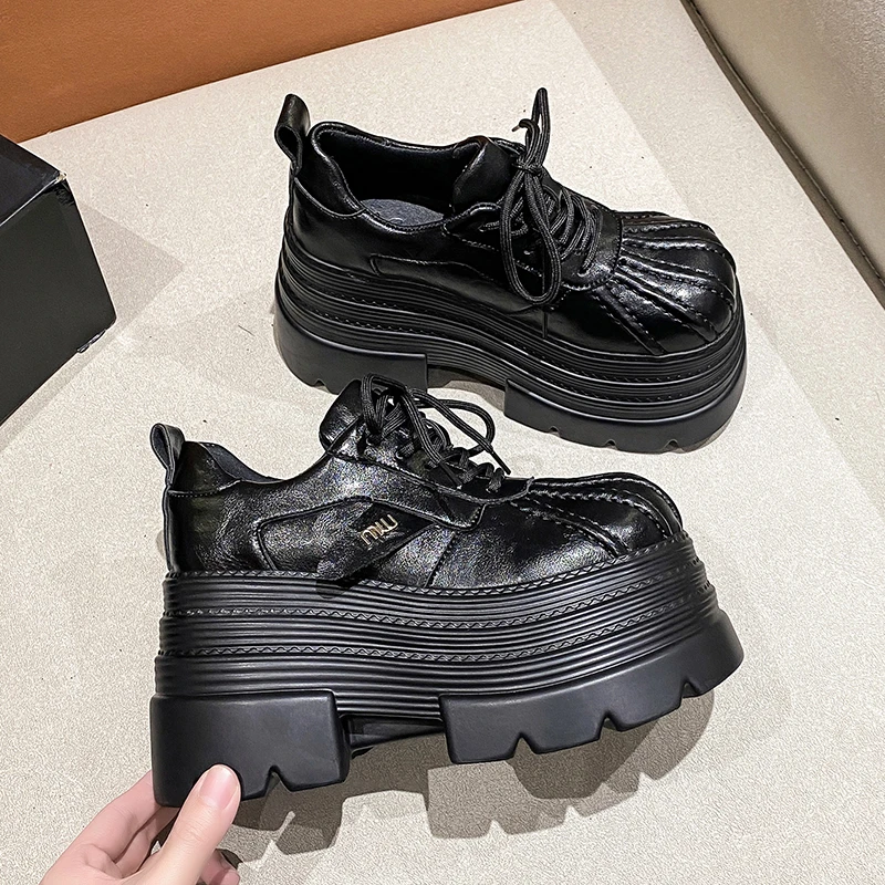 New 2025 Spring Women\'s Leather Sneakers High Platform Lace-up Casual Shoes Thick Sole 10CM Heels Walking Shoes Zapatos Mujer