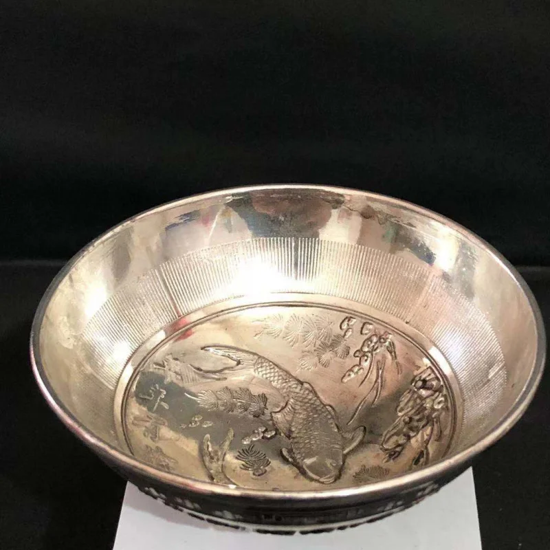 Antique Miscellaneous Wholesale Vintage Distressed White Copper Bowl Yearly Surplus Pattern Miao Silver Dragon Phoenix Bowl One