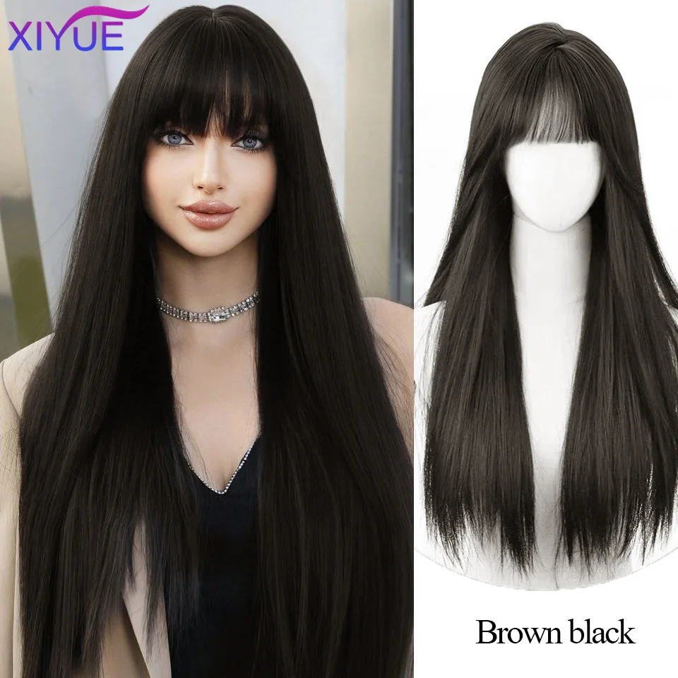 

XIYUE Long Silky Straight Synthetic Wigs with Bangs Black Cosplay Party Lolita Hair Wigs for Women Natural Heat Resistant Wig