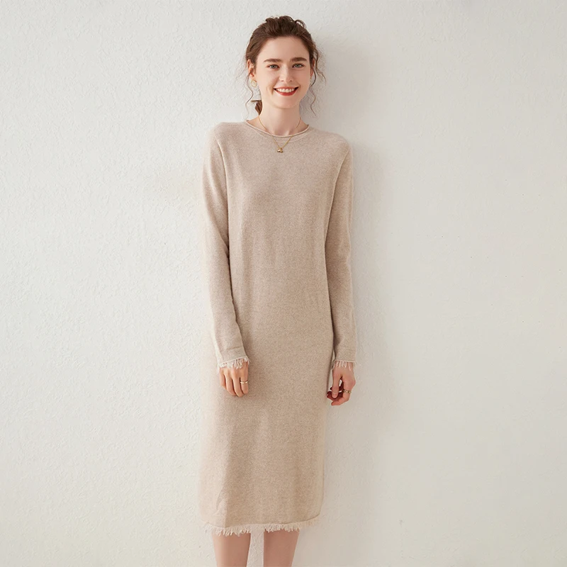 Spring Autumn Women Dress Longer Dress Cashmere Knitted Jumpers 2024 New Fashion Soft O-Neck Winter Knit Female Mid-calf Pullove