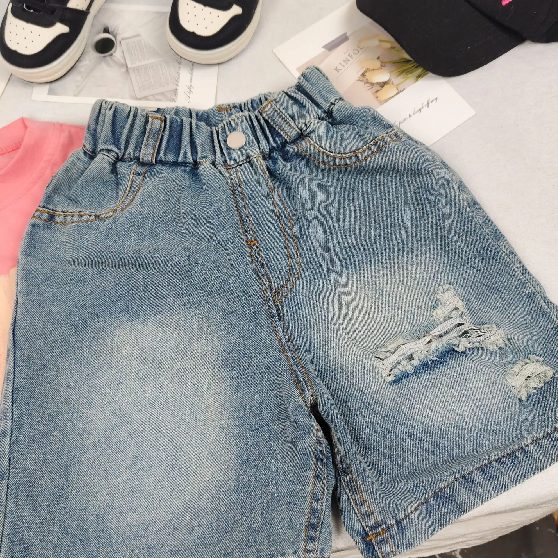 Korean Boys Denim Shorts Toddlers Girls Ripped Hole Jeans Kids Child Casual Shorts 2-8 Years