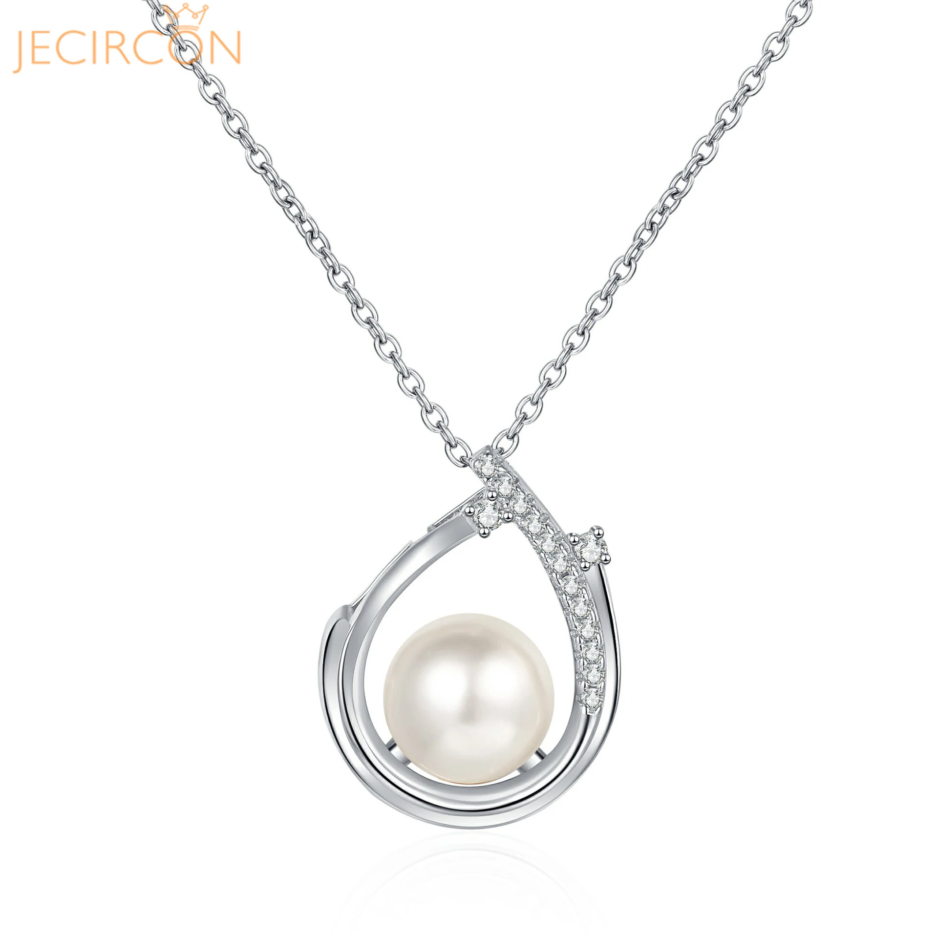 

JECIRCON 925 Sterling Silver Necklace for Women 9 Points Moissanite 8-9MM Round Pearl Pendant Simple Fashion Commuter Neck Chain