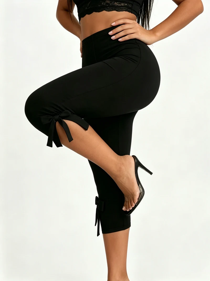 2317 Ladies High Elasticity Butterfly Knot Tight Pants Seven-Foot Length Fashionable Wearable Four-Seasons Suitable