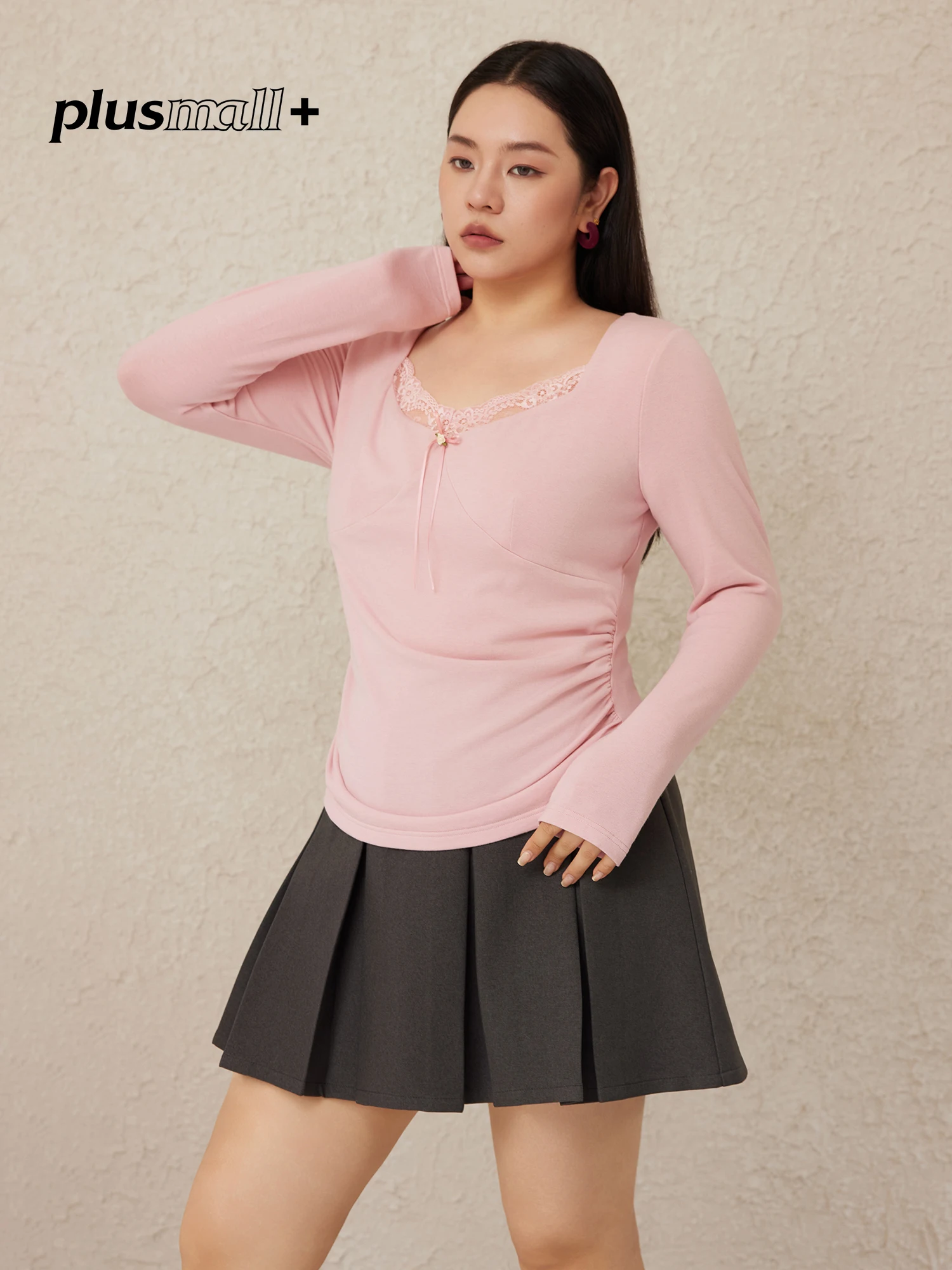 

Plusmall Pink Deer Pure Desire Футболка с кружевным узлом и тонкой талией, топ с ромбовидным воротником, женский повседневный топ Long Sve