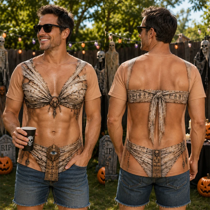 Mens Women Halloween Humor T‑Shirt Realistic Fake Bikini Printed Short Sleeve Tee Novelty Cosplay Outfit For Holiday Gathering