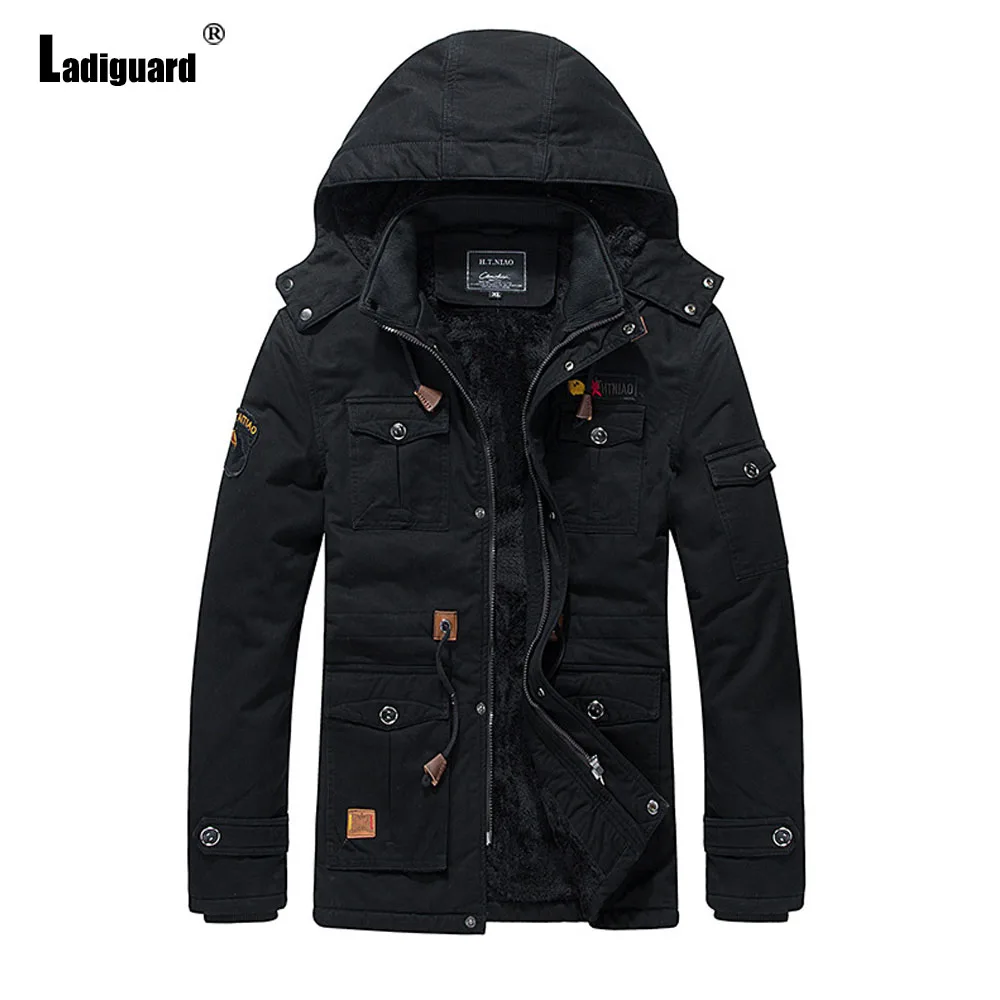 

Ladiguard 2024 Simple Basic Outerwear Plus Size Mens Fashion Hooded Jackets Winter Plush Coats Men's Stand Pocket Long Overcoats