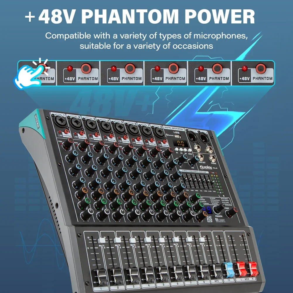 12 Channels Audio Sound Mixer DGNOG PA-12 Mixing DJ Console USB with 48V Phantom Power 99 DSP Effects Sound Table for Stage