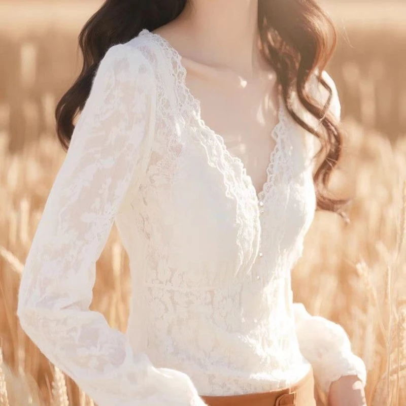 

Spring Fall Women V Neck White Lace Full Sleeve Top T Shirt , 2025 New French Style Slim Tops Shirts for Woman Clothing