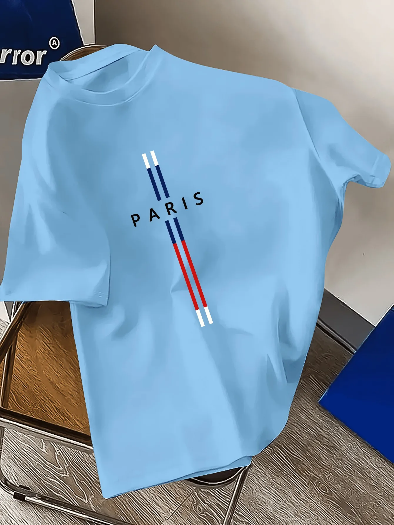 Summer men's 100% pure cotton casual loose fit plus size PARIS letter pattern printed round neck short sleeved T-shirt top image 4