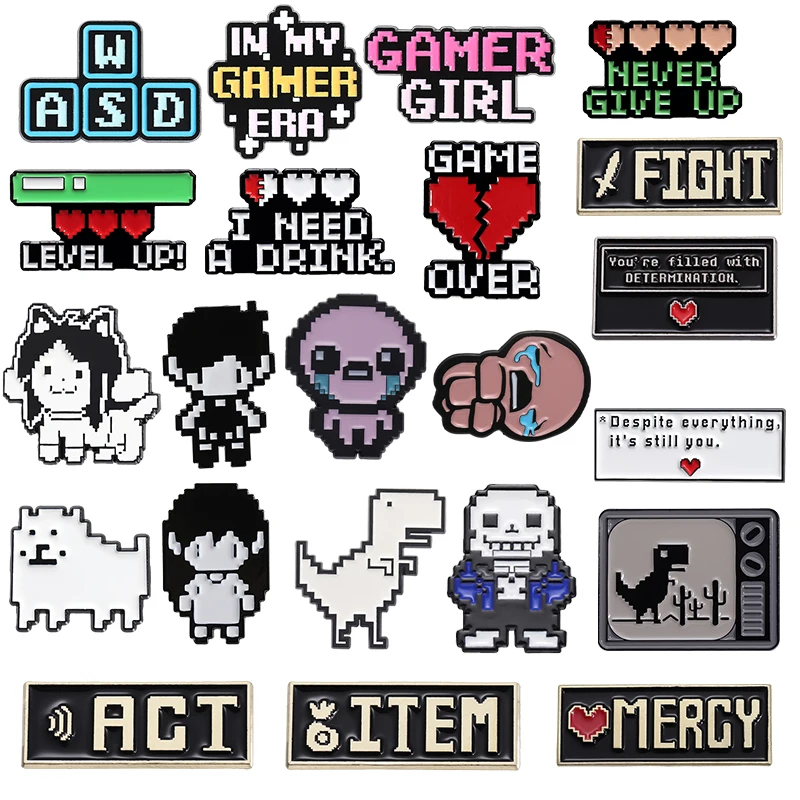 Role-Play Game Pixel Art Cat Sans Enamel Pin Red Heart Mercy ACT ITEM Retro Pixel Game Metal Brooch Jewelry Gift for Fan Friends