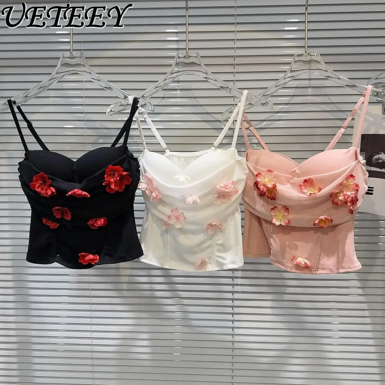 Spring and Summer New Niche Sweet Three-dimensional Mesh Flower Decoration Inner Sling Pure Desire Chest Pad Outer Crop Top Vest