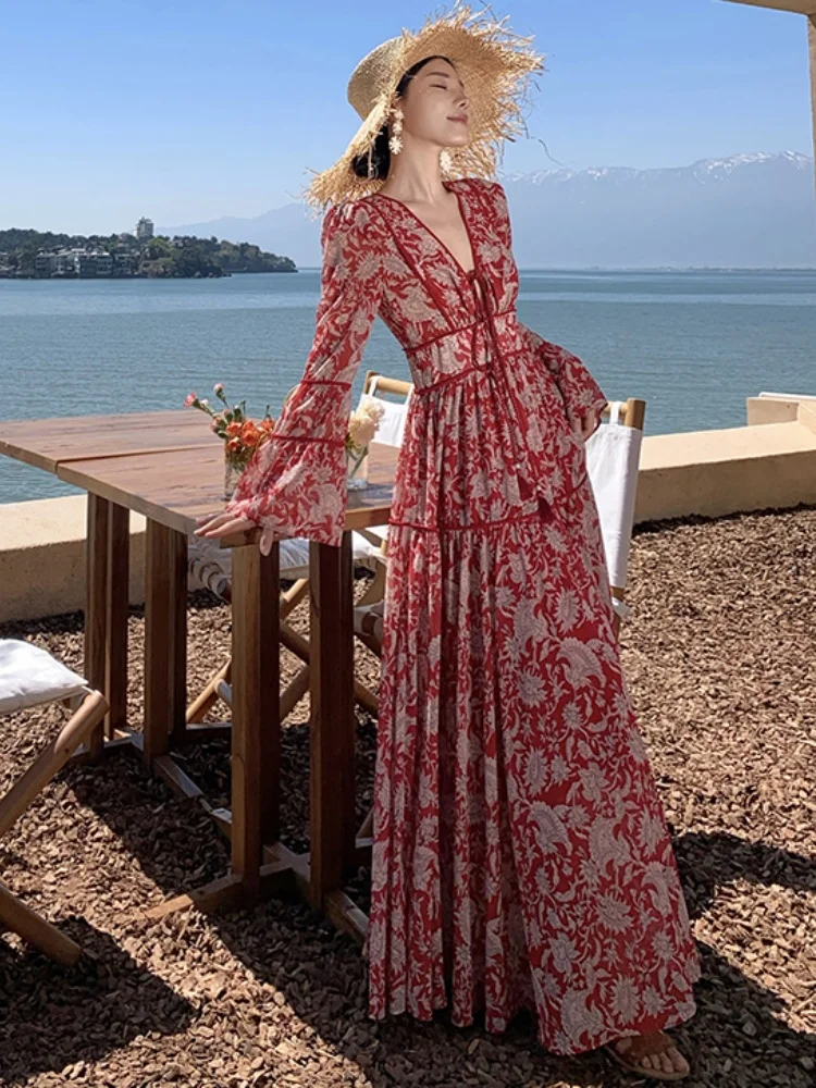 High-End Temperament Ethnic Style Red Printed Dress French Slim Waist  Women's Summer Long Dresses 2025 New Female Clothing