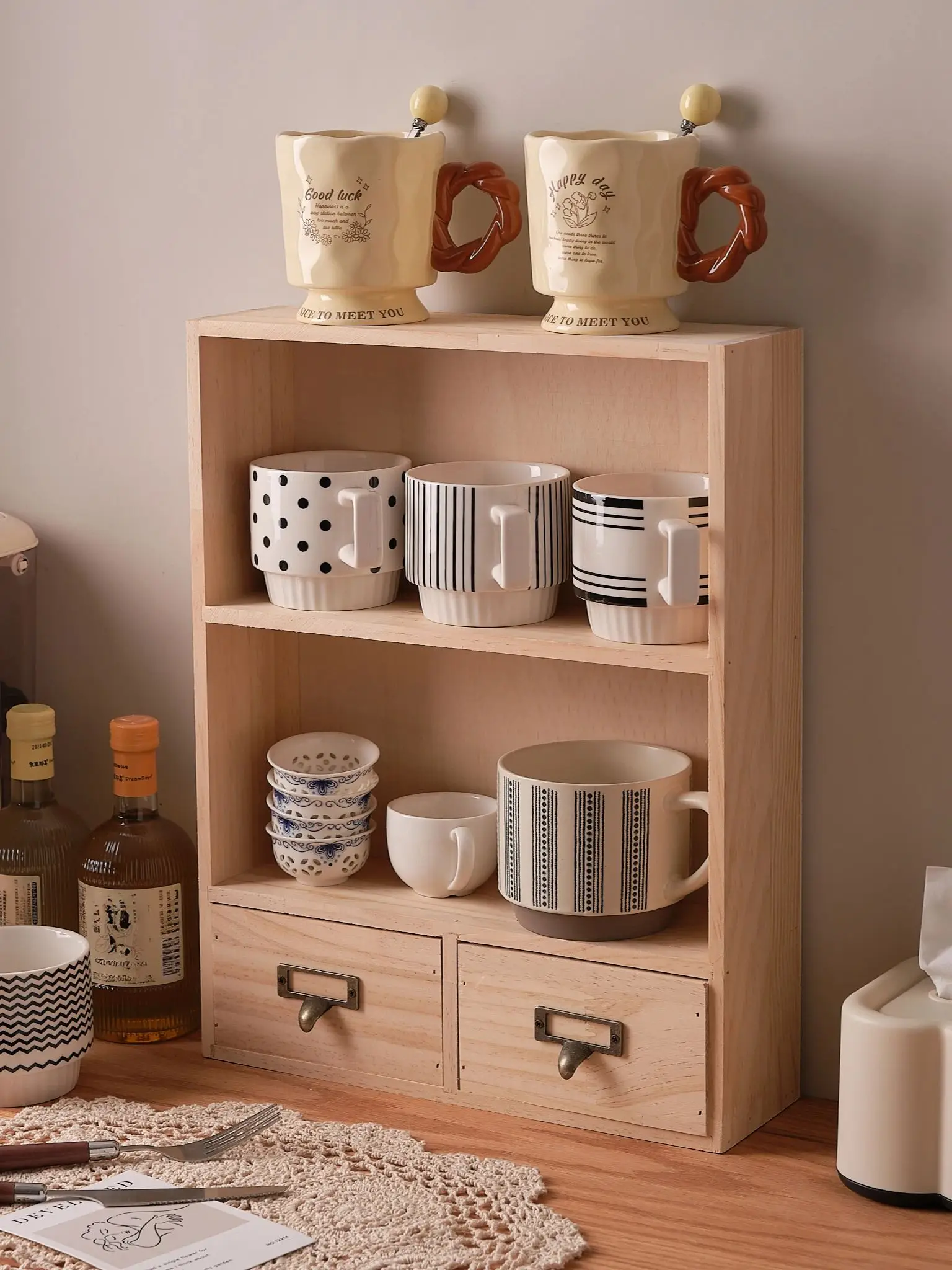 Wooden Desktop 3 Tier Organiser, Home Toy Display Rack, Cups & Books Storage with 2 Drawers, Mini Office Shelf,Delicate Decor