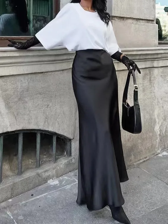 Ele hoge taille satijnen rok Faionable Midi rok Sexy Sle A-lijn silhouet kleur Pure Ele hoge taille rok