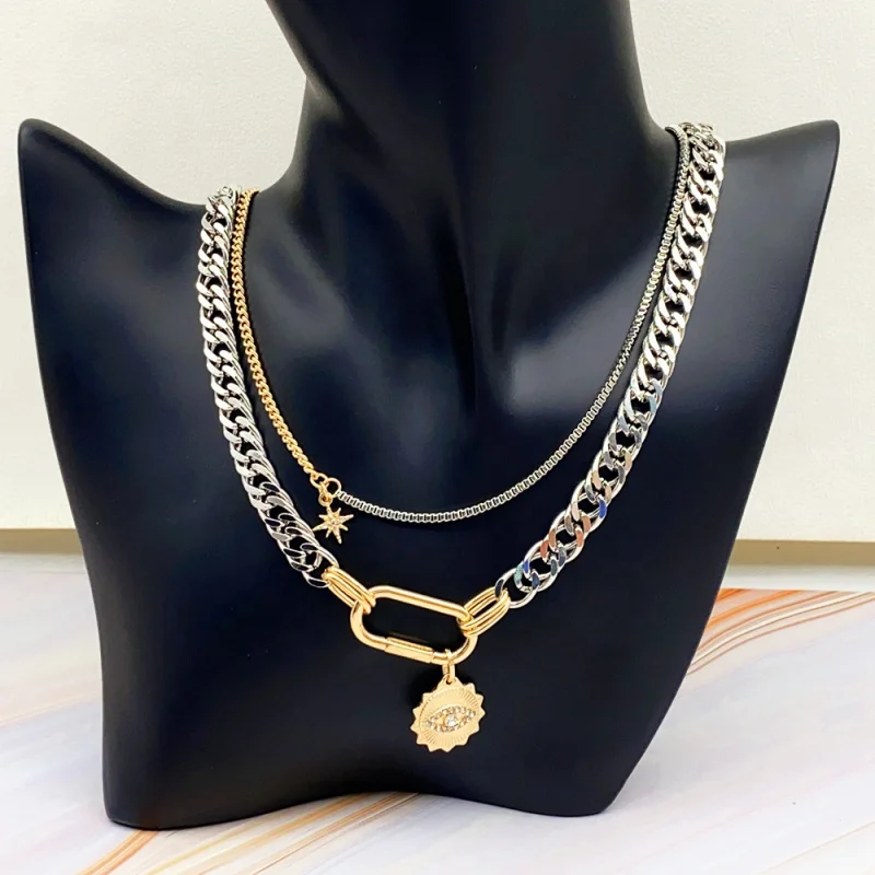 

Wholesale Cuban chain Gold plated Silver Eye Star Sun Crystal pendant necklace for women