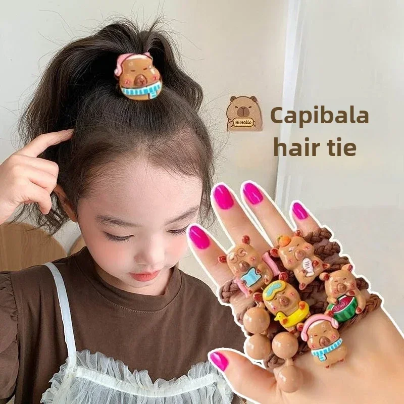 

5-50PCS High Elastic Twist Leather Hair Rope with Cute Puffer Fish Capybara Beads Headband Hair Accessories for Girls Daily Use