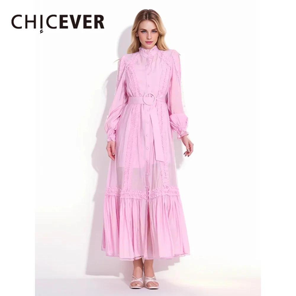 

CHICEVER Casual Solid Long Dress For Women Stand Collar Loose Long Sleeve Patchwork Lace Up High Waist Midi Dresses Female New