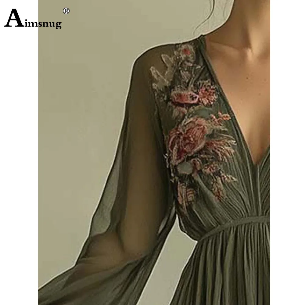 2025, Damen-Kleid mit Boho-Blumenperspektive, neues Sommer-langes Maxikleid, Übergröße, Damen, Vintage, schlichtes Mesh-Kleid mit tiefem V-Ausschnitt