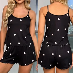 Plus Size Love Print Women Pajamas Two Piece Sexy Camisole Shorts Black Student Pajama Set Easy to Wash Shorts Homewear Two Piec