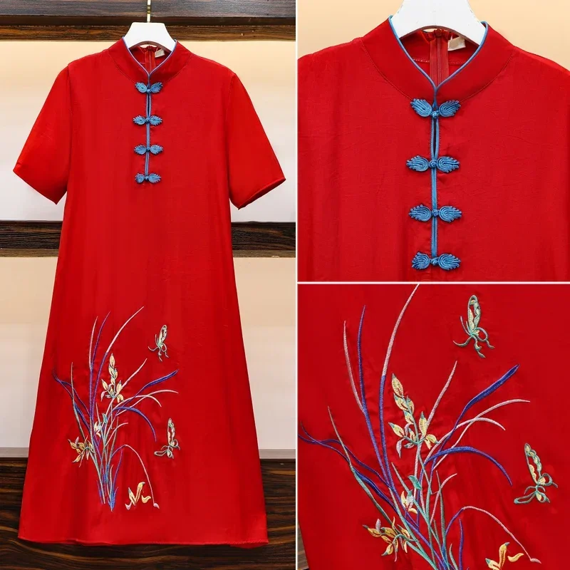 

M-4XL Plus Size Vintage Red Embroidery Chinese Traditional Qipao Casual Party Women Midi Dress Summer Cheongsam Dresses