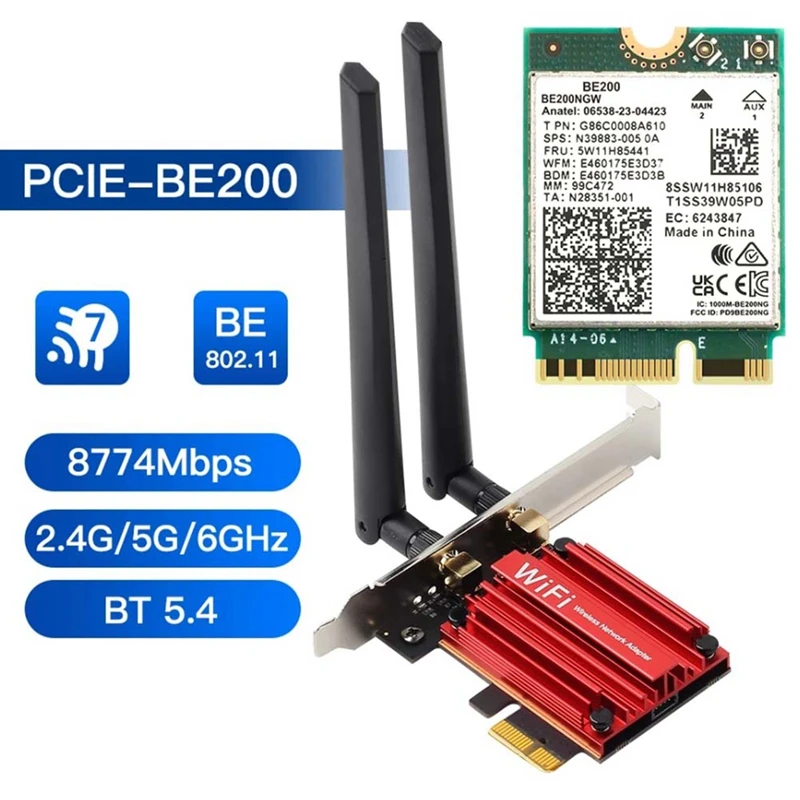 HOT-For  BE200 PCIE Wifi Adapter Wifi 7 8774Mbps Bluetooth 5.4 Gaming PC 2.4G/5G/6Ghz Wireless Network Card