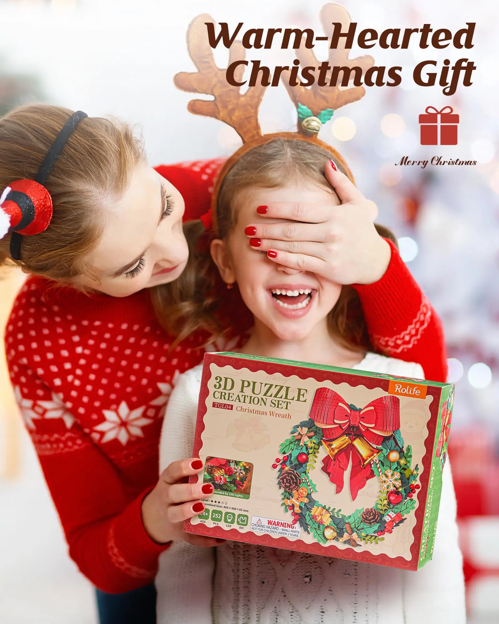 ROBOTIME Rolife إكليل عيد الميلاد ثلاثي الأبعاد لغز خشبي إكليل ذاتي الصنع مع ضوء قابل للبناء زينة عيد الميلاد هدية مثالية للعطلات للبالغين