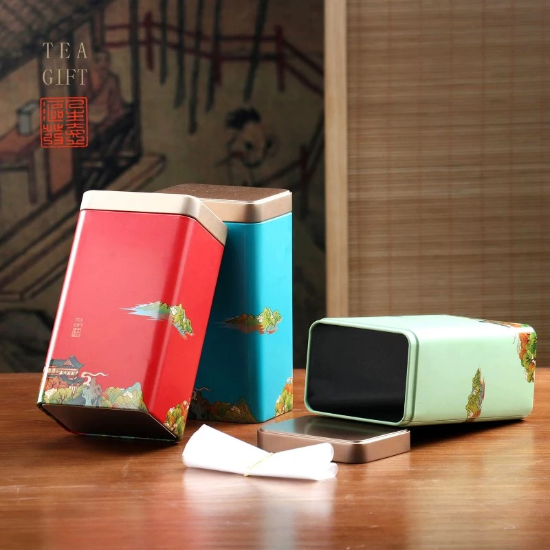 Tea Tin Square Tin Portable Metal Tin Tea Box Storage Portable Chinese Iron Box Tea Sealed Pot Living Room Coffee Table Tea Set