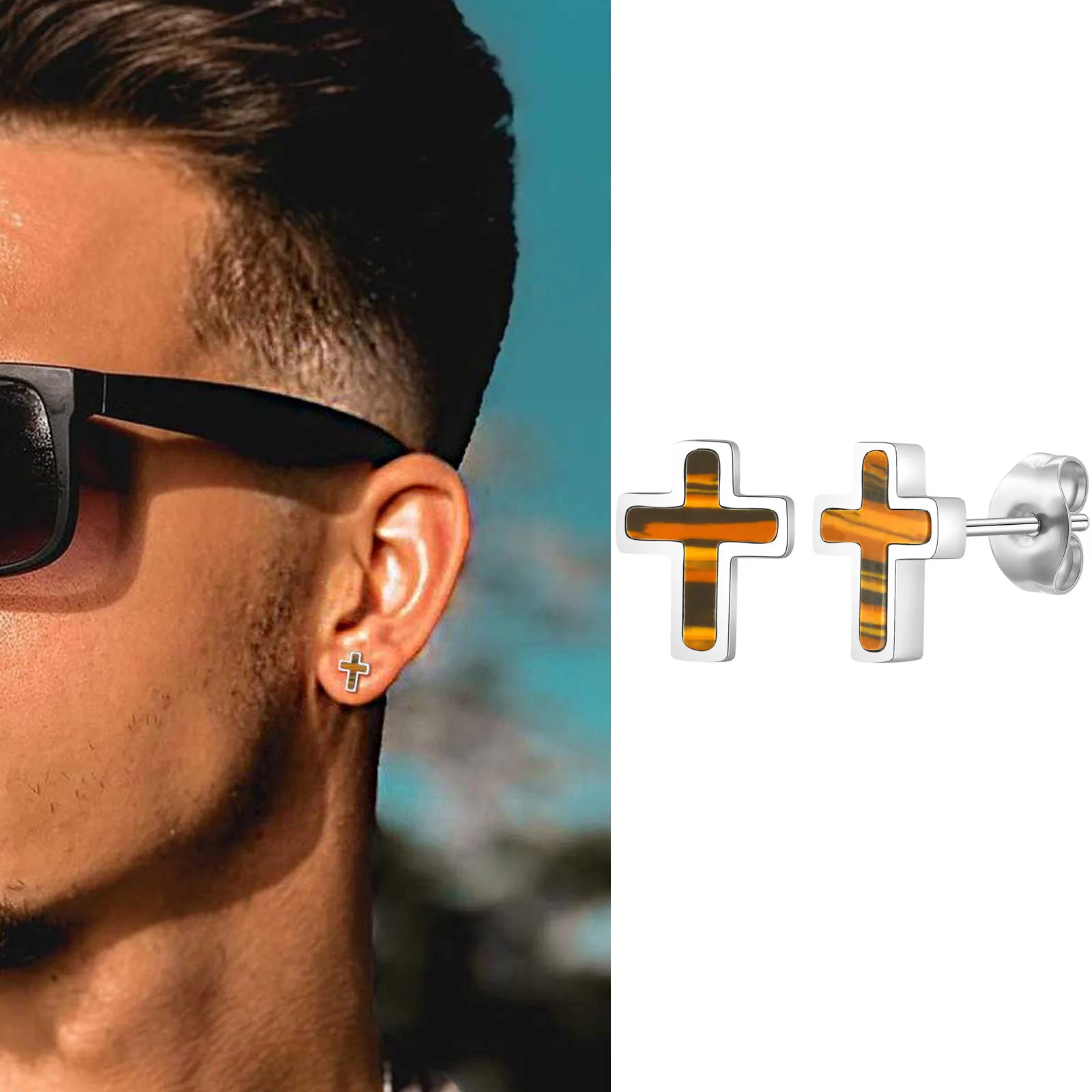

Stylish Cross Stud Earring for Men Boys,Natural Tiger Eye Stone Stainless Steel Earring,Hip Hop New Fashion Jewelry Gift