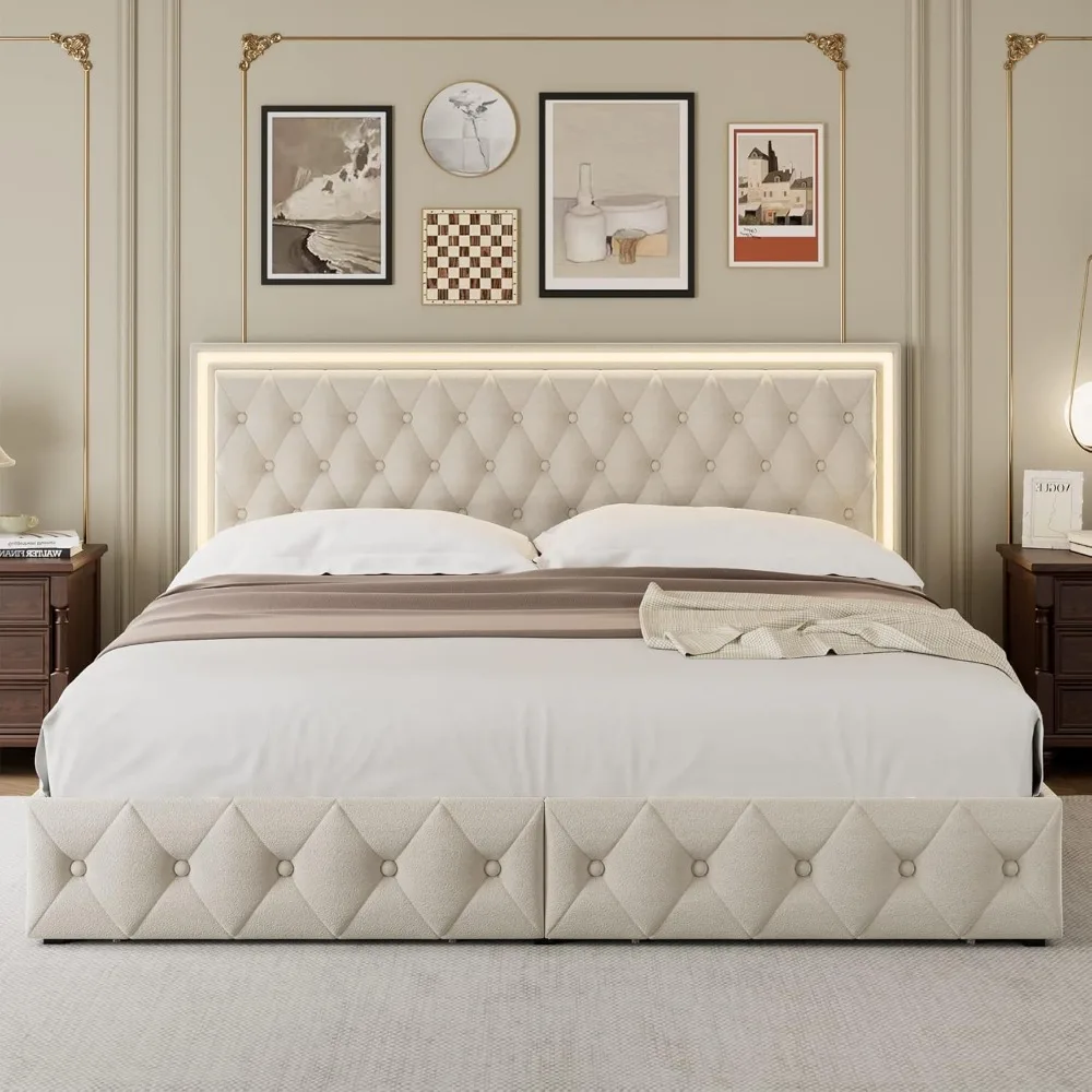 

LED Full Size Bed Frame w/4 Drawers, No Box Spring Needed, Storage Beds with Adjustable Headboard and Solid Wooden Slats Support