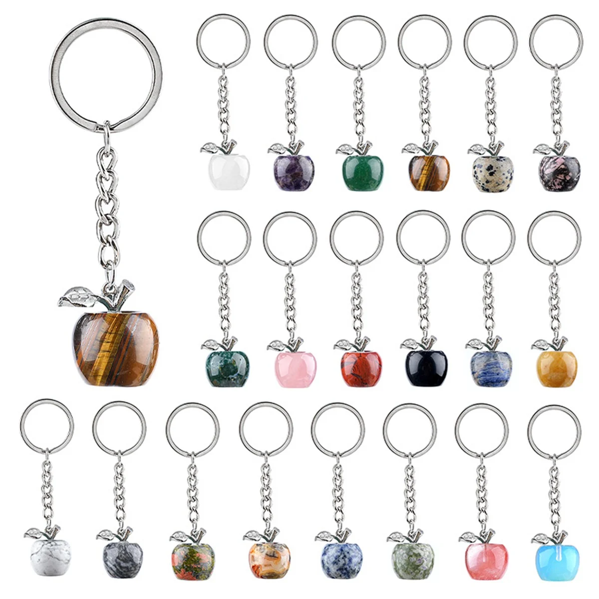 Handgefertigter, geschnitzter 20MM Edelstein-Apfel-Schlüsselanhänger, Heilender Chakra-Kristallstein-Anhänger, Schlüsselring für Frauen & Mädchen – Detail 1