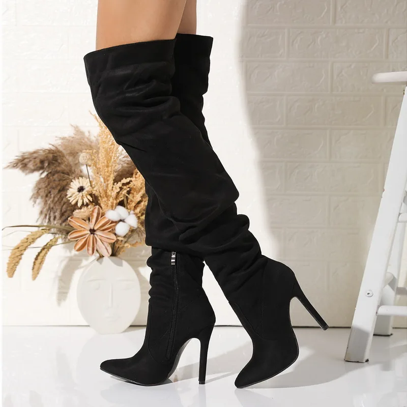Botas largas aterciopeladas de tacón alto y fino para mujer, botas por encima de la rodilla con cremallera lateral, botas de moda para oficina, club nocturno, fiesta, banquete y pasarela