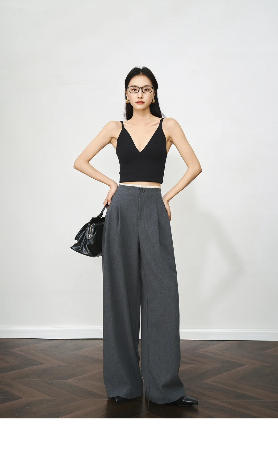 OLrain Summer Women's 2025 Grey Fungus Pants High Waist Elegant Casual Contrasting Combined Straight Legs Lady Pants O57XK99258