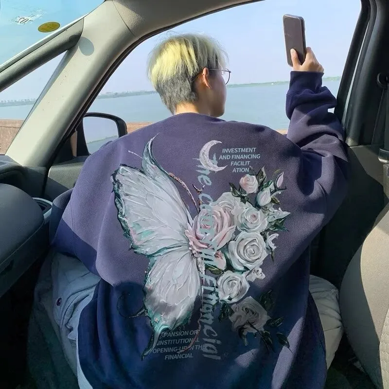 

【Большой размер M-8XL】Корейский стиль, винтажный бархатный толстый свитер с круглым вырезом и принтом бабочки, мужская модная толстовка унисекс