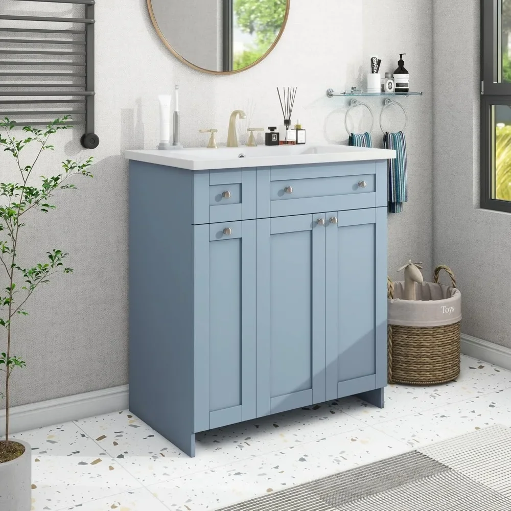 Blue 30" Bathroom Vanity with Single Sink, Solid Wood Frame Bathroom Storage Cabinet, Combo Cabinet Undermount Sink