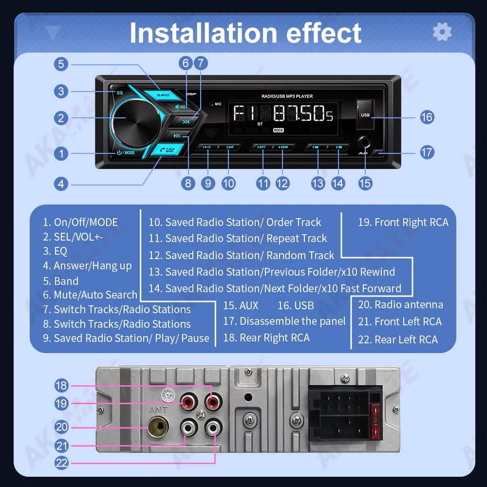 1din Car Radio MP3 Player Audio Multimedia FM Radio Support Phone Charging Bluetooth EQ AUX USB Universal