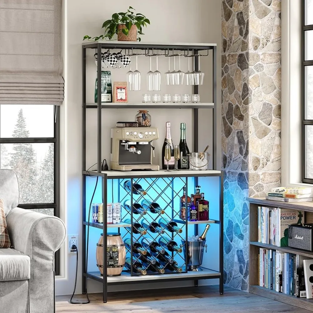 

5-Tier Industrial Wine Bar Cabinet With Glass Holder Wine Ranks for Liquor and Wine Storage Home Bar Furniture Grey Freight Free