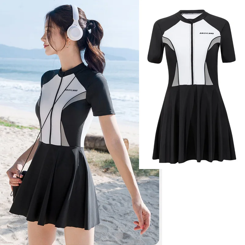 

Women's Rash Guard Swimdress with Shorts One Piece Swimsuit Zipper Front Short Sleeve Bathing Suit Swimwear Sunsuit Beachwear