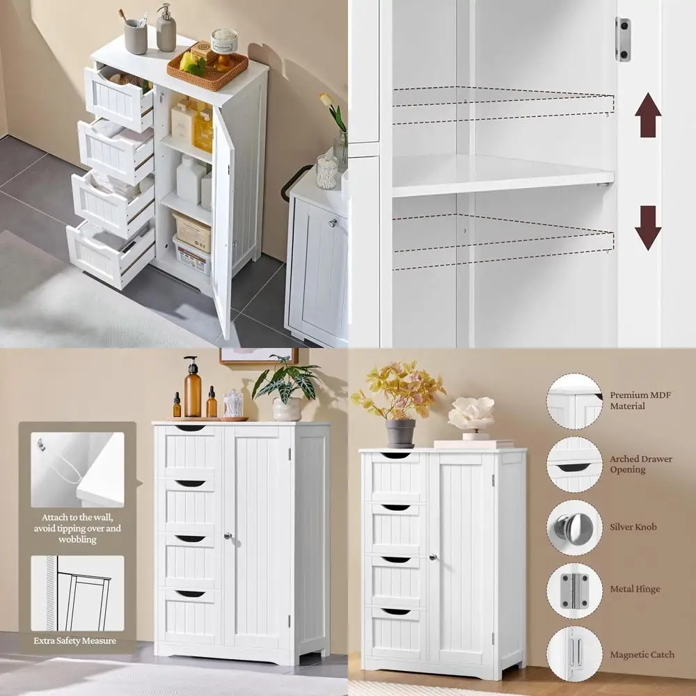 

White Wooden Entryway Storage Cabinet with 4 Drawers and 1 Cupboard, Home Decor Side Organizer