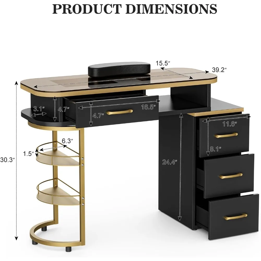 طاولة مانيكير لتقنية الأظافر، محطة مكتب أظافر زجاجية مع 4 أدراج وأرفف تخزين من طبقتين، محطة عمل صالونات التجميل #6