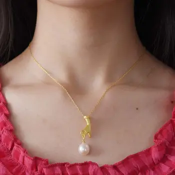 Lotus Fun 18K金天然珍珠手形吊墜項鍊,女士禮物,925純銀鍊,時尚奢華精美珠寶 12 最佳銷售 蓮花樂趣 - №12