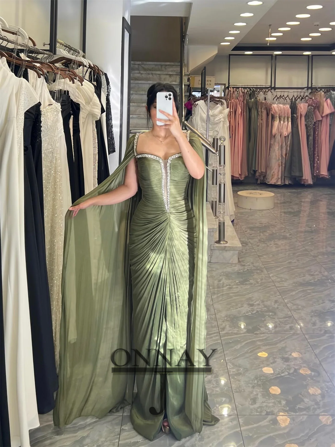 Customized Trendy Cloak Evening Dresses for Women Rhinestones Pleating Mermaid with Slit Kuwait Vestidos De Fiesta Plus Dubai