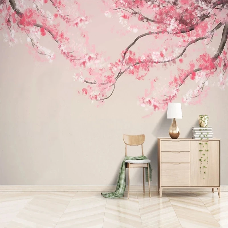 Custom 3D Mural Wallpaper Hand Painted Chinese Ink Watercolor Cherry Blossoms Tree Living room TV background bedroom restaurant