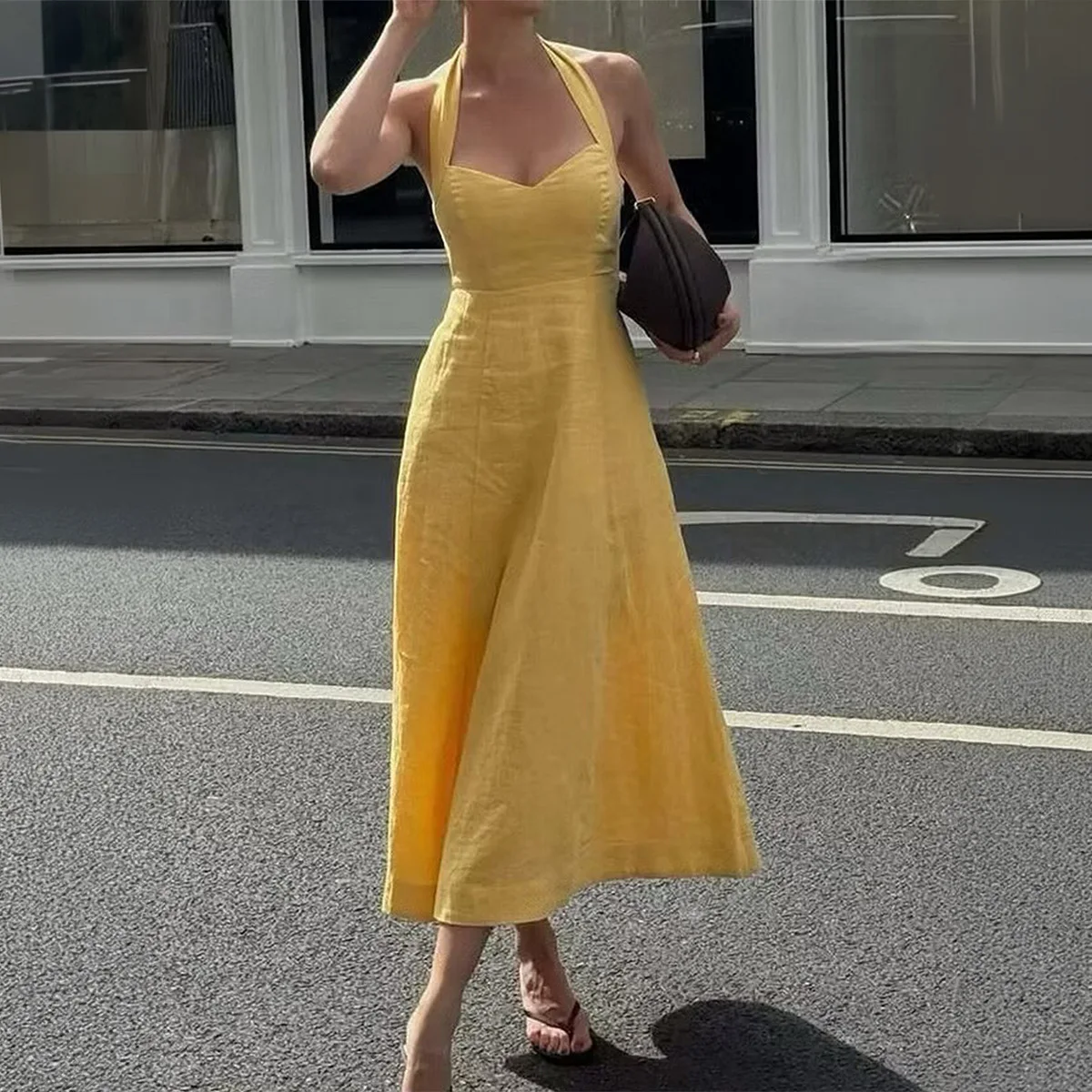 Women's Summer Dress Halter Sweetheart Neck Linen Texture A Line Mini Dress Flared Swing Mid Length Outfit for City Street Walk