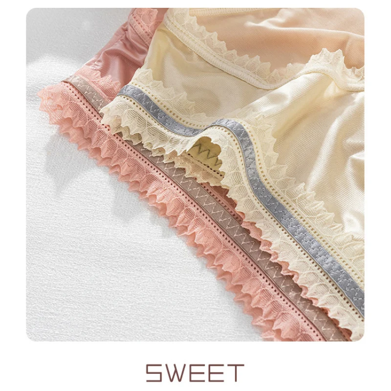 Satin Luxury Style Sexy Lace Ice Silk Soft Women's Underwear Breathable Thin Solid Seamless Smooth Panties Simple Elegant Breifs