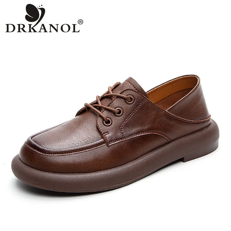 

DRKANOL British Style Genuine Leather Flat Shoes Women Spring Autumn Lace-Up Round Toe Low Heel Soft Sole Casual Cowhide Shoes