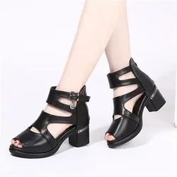 Women Fashion Fish Mouth Chunky Heel Sandals New Summer Metal Decorative Buckle Sandals Ladies Casual High Heels Sandalias