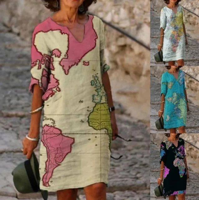 Frauen Mode lose lässig Blumen druck V-Ausschnitt Ärmel Karte Druck Sommer weibliches Kleid