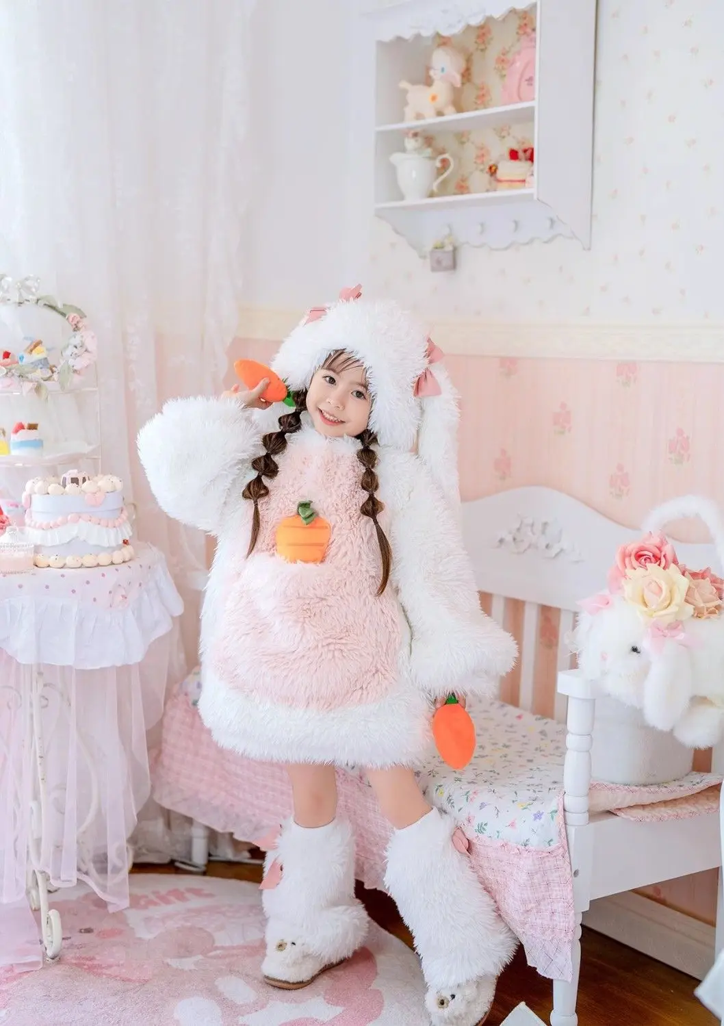 Cartoon Kinder Plüsch-Kaninchen Cosplay Kostüm Kawaii Mädchen Winter Warme Sets Top Hose Mütze Anzug 1-10 Jahre Mädchen Party Outfits Geschenk – Detail 8